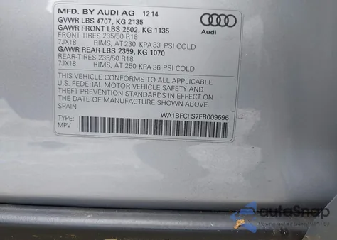 2015 Audi Q3 2.0T Premium Plus z USA, uszkodzony, nr VIN WA1BFCFS7FR009696